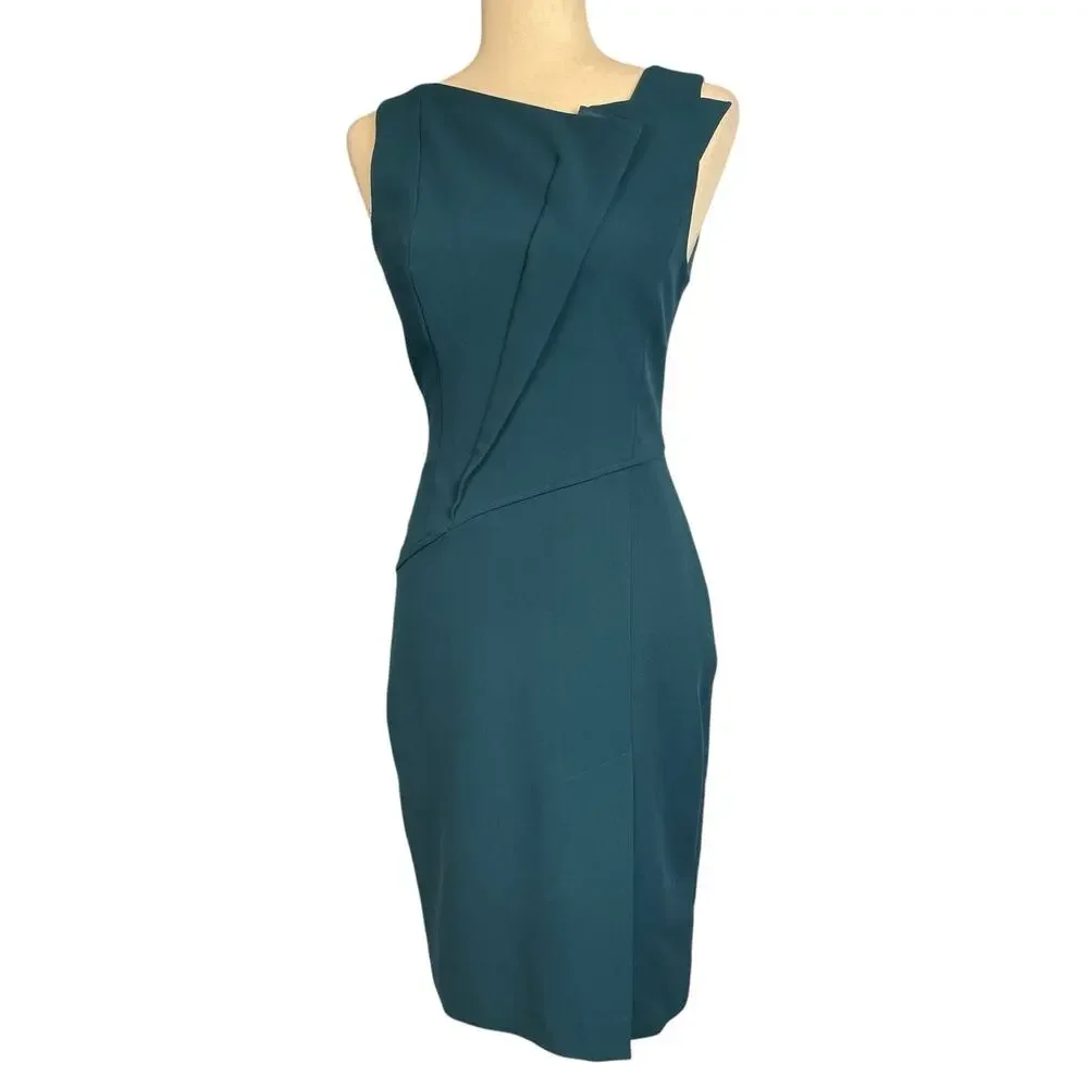 Halston Heritage Sleeveless Folded Neckline Teal Blue Lined Sheath Dress Size 2